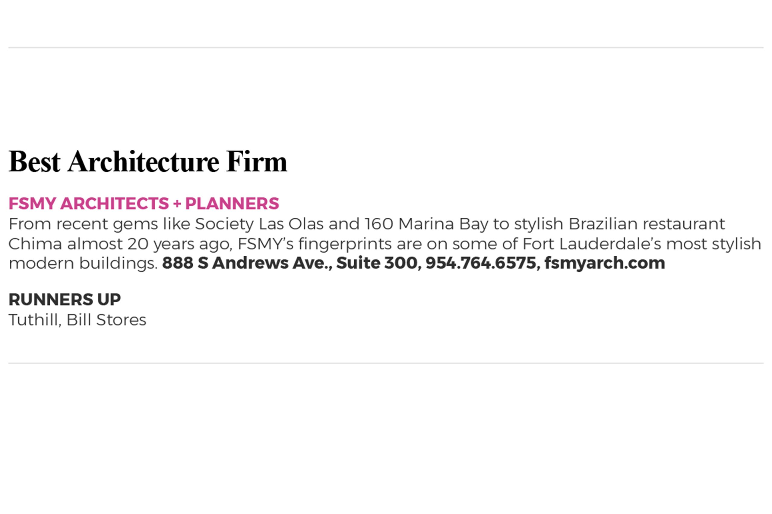 FSMY named “Best Architecture Firm” by Fort Lauderdale Magazine